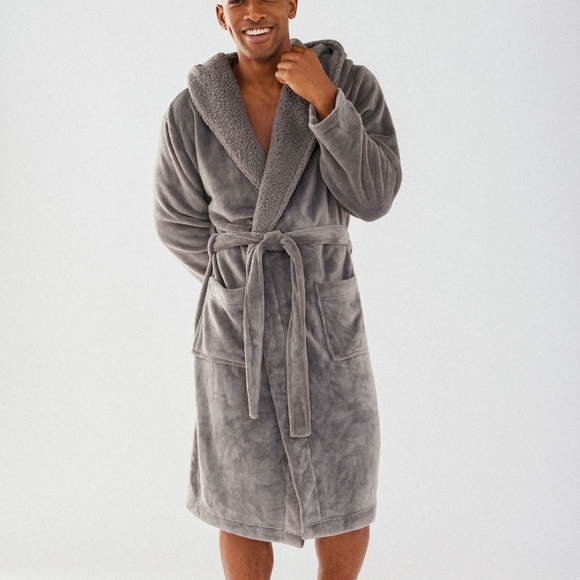 Mens Grey Fluffy Dressing Gown - Picture 4 of 8